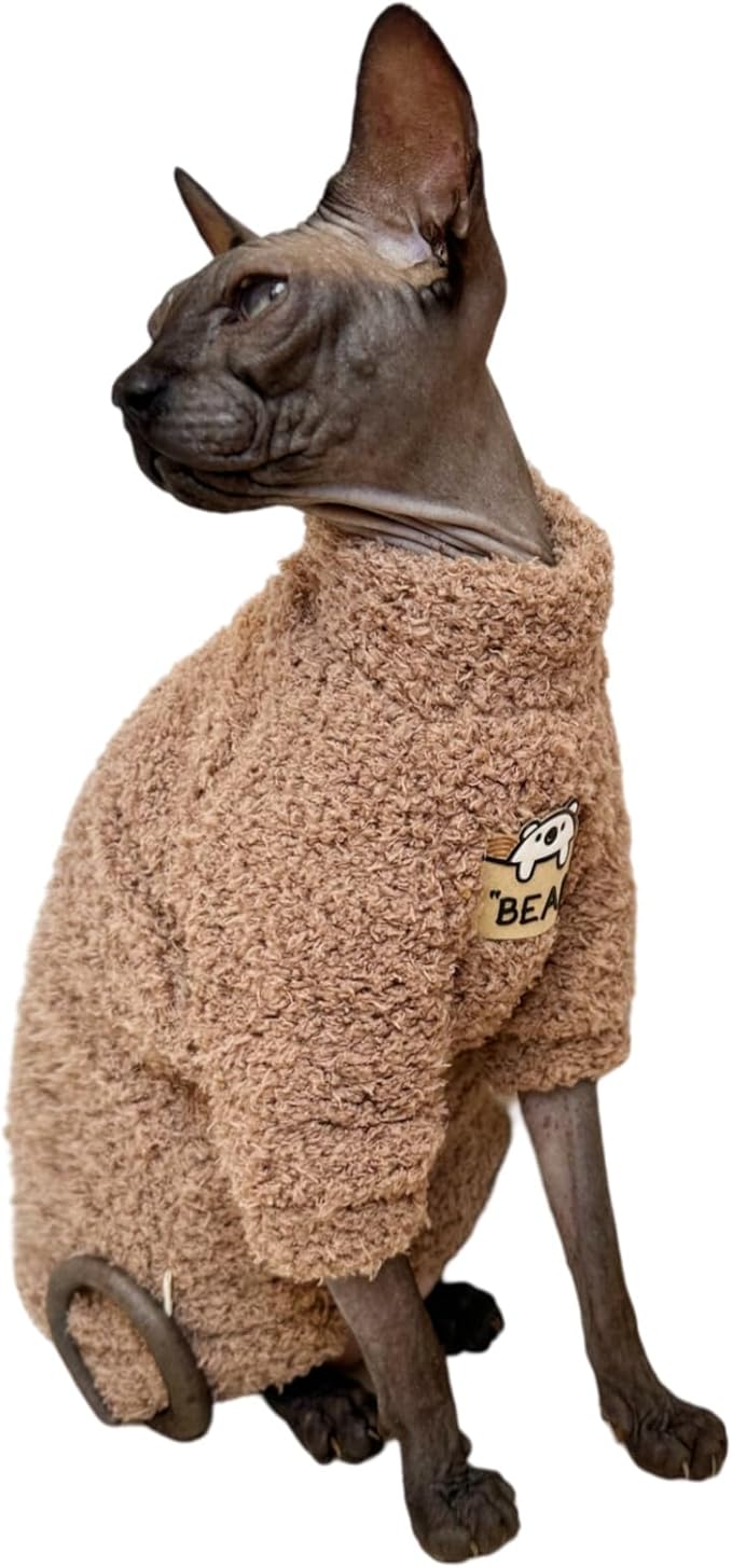 Sphynx Cat Clothes Hairless Cat Super Soft Warm Fleece T Shirt Elastic Winter Sweater Outfit, Pet Clothes for Sphynx Cat Coat for Cats and Small Dogs Apparel (Brown, Small)