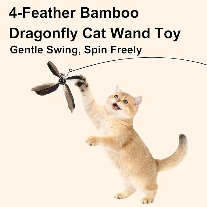 ottmat Cat Wand Toys Interactive for Indoor Cats, 4PC 4-Blade Feather Propeller Refills, 1PC Cat Wand 30'' Flexible Steel Wire Cat Teaser with Sturdy Wood Handle for Kittens & Adult Cats(Classic)