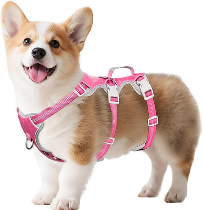 Huntboo Escape Proof Dog Harness, Escape Artist Harness, Reflective Harness with Padded Handle, Breathable, Durable, Adjustable Vest for Medium Dogs Walking, Training, and Running Gear (Pink,S)