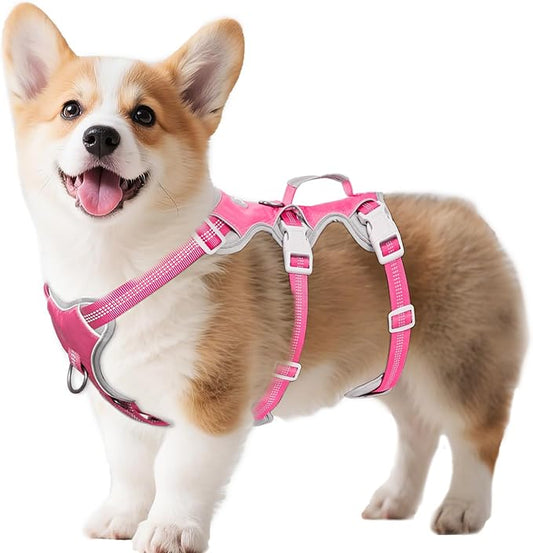 Huntboo Escape Proof Dog Harness, Escape Artist Harness, Reflective Harness with Padded Handle, Breathable, Durable, Adjustable Vest for Medium Dogs Walking, Training, and Running Gear (Pink,S)
