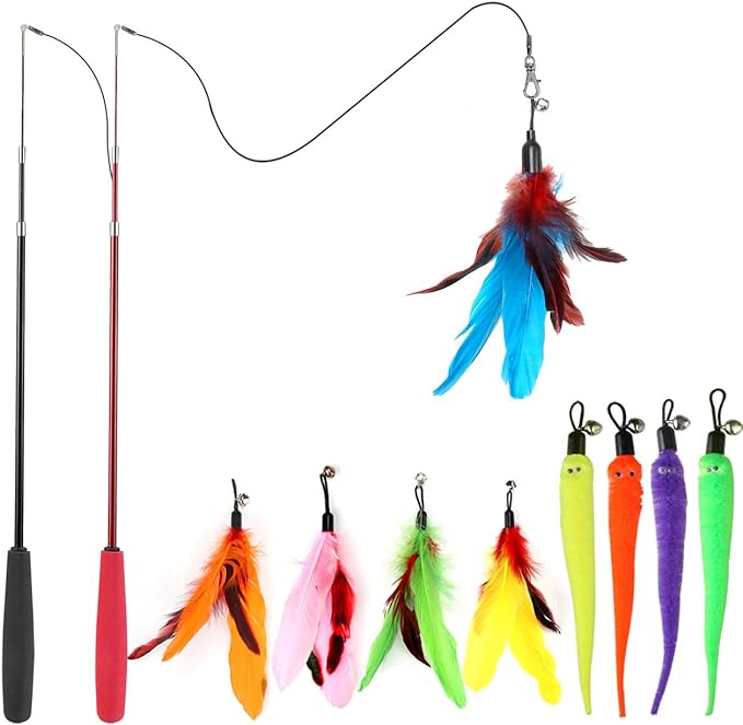MeoHui Cat Toys for Indoor Cats, Interactive Cat Toy 2PCS Retractable Wand Toy and 9PCS Cat Feather Toys Refills, Funny Kitten Toys Cat Fishing Pole Toy for Bored Indoor Cats Chase and Exercise