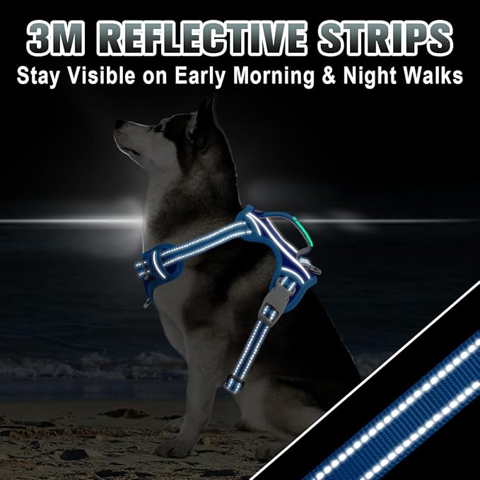 BARKBAY No Pull Dog Harness Large Reflective Dog Harness with Front Clip and Easy Control Handle for Walking Training Running with ID tag Pocket(Sapphire Blue & Blue,XL)
