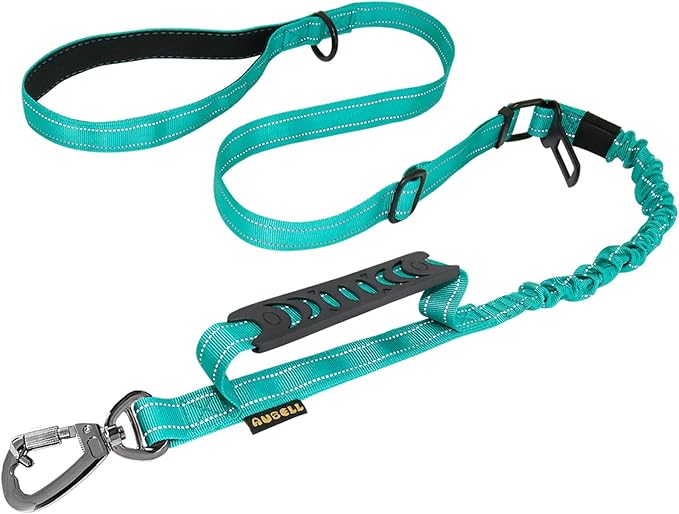 AUBELL Tactical Dog Leash Heavy Duty,4-6ft Reflective Strong No Pull Bungee Leash for Medium Large Dogs with Comfortable Padded Double Handle,Car Seat Belt,360 Degree Rotating Carabiner,Teal