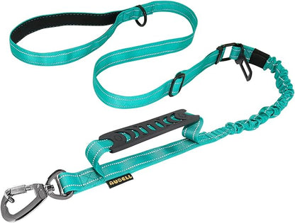 AUBELL Tactical Dog Leash Heavy Duty,4-6ft Reflective Strong No Pull Bungee Leash for Medium Large Dogs with Comfortable Padded Double Handle,Car Seat Belt,360 Degree Rotating Carabiner,Teal
