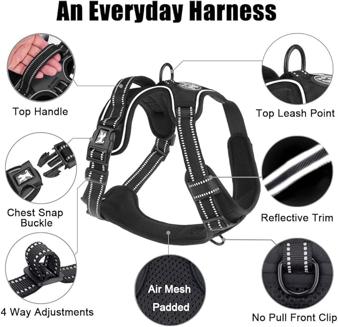 PoyPet No Pull Dog Harness, Reflective Comfortable Vest Harness with Front & Back 2 Leash Attachments and Easy Control Handle Adjustable Soft Padded Pet Vest for Small to Large Dogs (Black,XS)