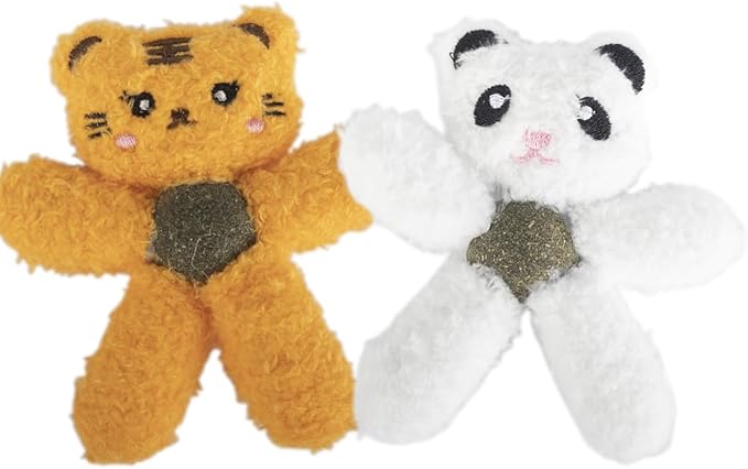Gavpepy Cat Toys with Catnip Kitten Chew Bite Supplies Boredom Relief Fluffy Kitty Teeth Cleaning Chewing Cat Lovers Interactive Plush Gift (Tiger&Panda)