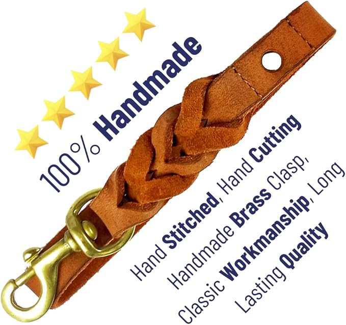 Leather Short Dog Leash 15 Inch - Short Dog Traffic Lead for Large Dogs Training and Walking - Braided Leather Tab for Large Dogs - Full Grain Heavy Duty. (Tan, 1 FT)