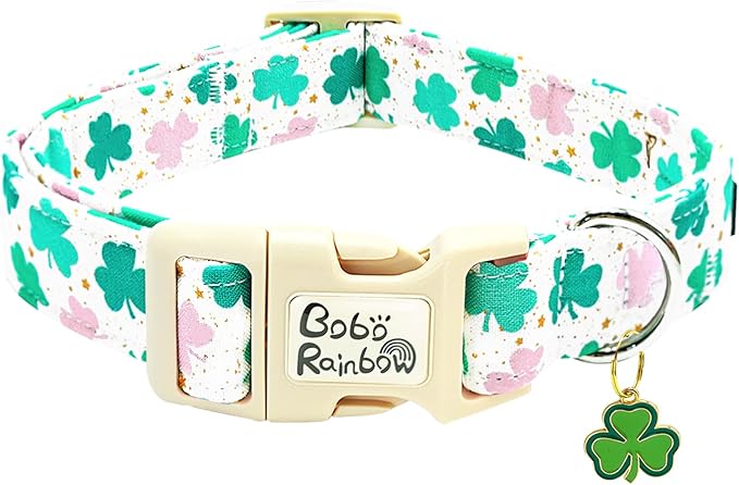 St Patrick's Day Dog Collar-Adjustable Cute Trefoil Pet Collars Cotton Clovers Holiday Puppy Collar Green Spring Necklace Gift for Small Dogs