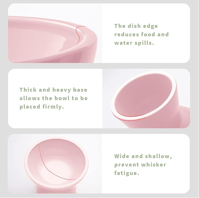 CEEFU 2 Elevated Cat Bowls Extra Wide for Food & Water – Whisker Fatigue, Ceramic Wide Shallow Food Dish, Lead & Cadmium Free, Raised Height for Cats, Pink