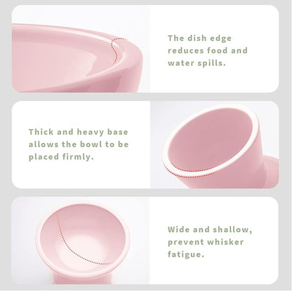 CEEFU 2 Elevated Cat Bowls Extra Wide for Food & Water – Whisker Fatigue, Ceramic Wide Shallow Food Dish, Lead & Cadmium Free, Raised Height for Cats, Pink