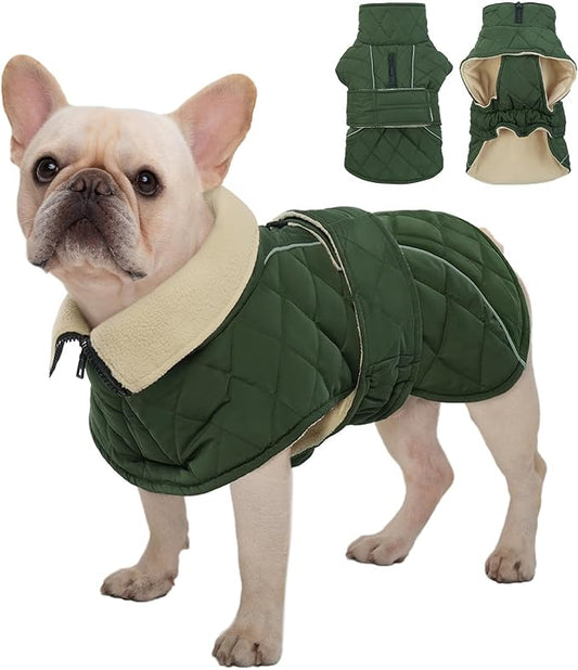 Kuoser Dog Coat Thermal Fleece Lined Dog Jacket, Adjustable Hook & Loop Dogs Coats for Medium Dogs Windproof Reflective Puppy Snow Jackets Pet Cold Weather Clothes with Harness Hole, Green, M