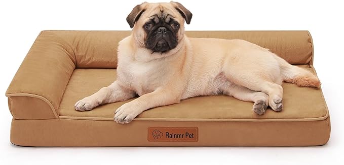 Rainmr Orthopedic Dog Bed Medium Size Dog, Memory Foam Dogs Bed for Medium Dogs, Washable and Removable Microsuede Cover, Waterproof Liner, Non-Skid Bottom, 30x20x6 Inches, Khaki