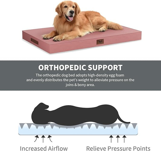 Tail Stories Outdoor Extra Large Dog Bed, Jumbo Waterproof Dog Bed for Large Dogs, Orthopedic Egg Crate Foam Pet Mat with Removable Oxford Cooling Cover, Pink