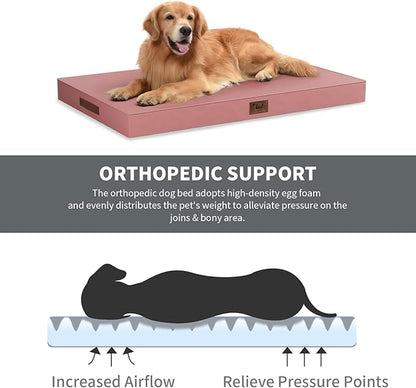 Tail Stories Outdoor Dog Bed for Small Dogs & Cats, Waterproof Dog Crate Mat Orthopedic Egg Crate Foam with Washable Removable Oxford Cover, Pink