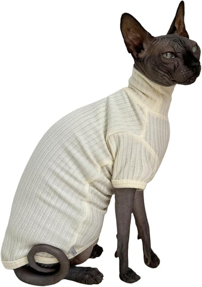 Sphynx Cats Shirt Cat Turtleneck Cotton Sweater Pullover Kitten T-Shirts with Sleeves Cat Pajamas Jumpsuit for Sphynx Cornish Rex, Devon Rex, Peterbald (White, X-Large (Pack of 1))