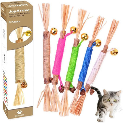 JoyArrive Natural Dried Matatabi Cat Chew Stick with Gall Fruit, Raffia Grass & Bell Cat Ball Toys, Handmade Silvervine Sticks Interactive Catnip Toys for Teething & Entertainment (Size M Color G)