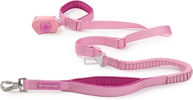 Spark Paws Handsfree Dog Leash – Shock Absorbing Waist Bungee Lead for Running, Car Seatbelt Clip & Poop Bag Set, Heavy Duty Tactical Lead for Medium, Large & X-Large Breeds - Pink
