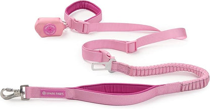 Spark Paws Handsfree Dog Leash – Shock Absorbing Waist Bungee Lead for Running, Car Seatbelt Clip & Poop Bag Set, Heavy Duty Tactical Lead for Medium, Large & X-Large Breeds - Pink