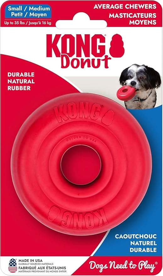 KONG Donut Dog Toy – Durable Natural Rubber Chew & Fetch Toy – Promotes Healthy Teeth & Gums, Fun Bounce & Roll, Gentle on Mouth (Small/Medium)