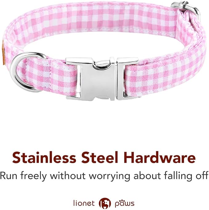 Lionet Paws Dog Collar with Bowtie, Comfortable Adjustable Cute Pink Gingham Bow Tie Collar for Female Puppies and Cats Gift, XS, Neck 8-12 inches
