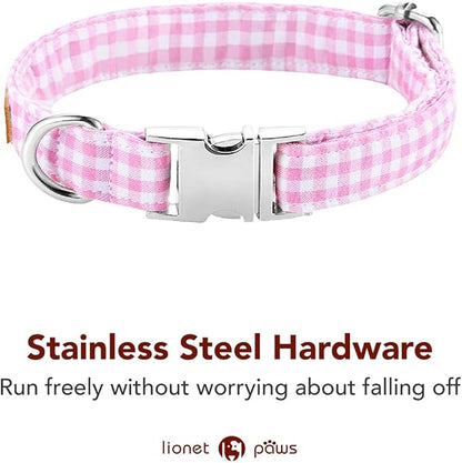 Lionet Paws Dog Collar with Bowtie, Comfortable Adjustable Cute Pink Gingham Bow Tie Collar for Female Dogs Gift, Medium, Neck 13.5-22 inches
