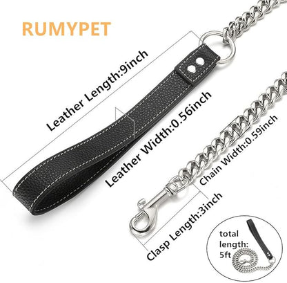 Silver Chain Dog Leash 15MM Solid Chew Proof 316L Stainless Steel Cuban Link Chain with Genuine Leather Handle Training Walking 3FT/4FT/5FT for Small Medium Large Dogs(15mm,5ft)…