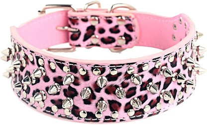 Serijoars Spiked Studded Dog Collar, PU Leather Dog Collar, Adjustable Pet Collars for Medium or Large Breed Pet (XL, Leopard)