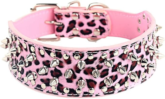 Serijoars Spiked Studded Dog Collar, PU Leather Dog Collar, Adjustable Pet Collars for Medium or Large Breed Pet (XL, Leopard)