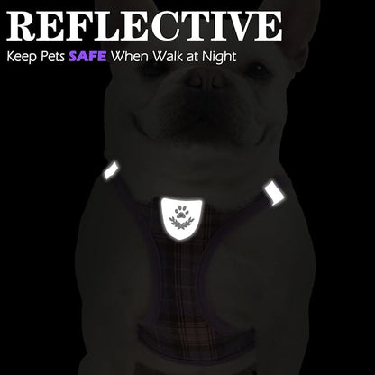 EXPAWLORER Classic Plaid Puppy Harness - Small Dog Harness and Leash Set - Dog Collar and Leash Set with AirTag Holder, Soft Padded Step in Dog Vest Harness No Pull Reflective for Outdoor, Purple XXS