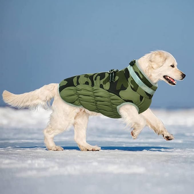 Lelepet Dog Coat Warm Dog Winter Coat Waterproof Dogs Jacket with Harness Built in Reflective Pet Fleece Vest Zip-Up Cold Weather Coats for Large Dogs Turtleneck Windproof Coats Pitbull Green Camo 2XL