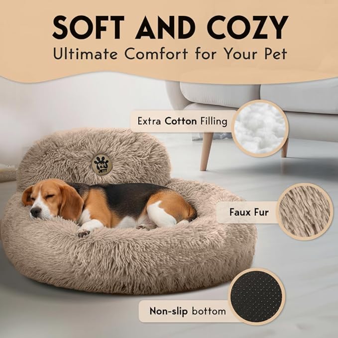 PetJett Calming Medium Dog Bed - 30'' Round Dog Beds, Anti-Slip & Washable Super Soft Fluffy Plush Donut Bed, Anti-Anxiety Premium Comfort Pet Bed, Fits Dogs up to 45 lbs - Beige