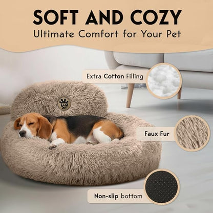 PetJett Calming Medium Dog Bed - 30'' Round Dog Beds, Anti-Slip & Washable Super Soft Fluffy Plush Donut Bed, Anti-Anxiety Premium Comfort Pet Bed, Fits Dogs up to 45 lbs - Beige