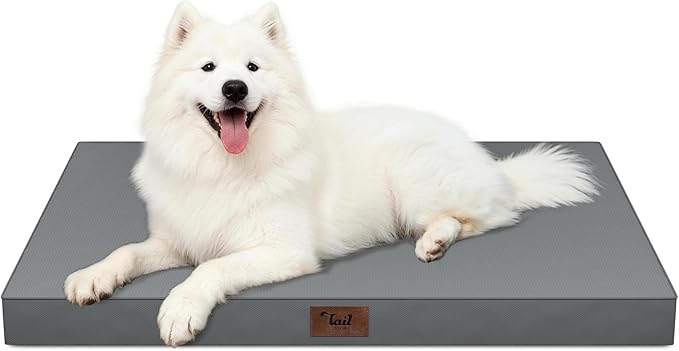 Tail Stories Outdoor Large Washable Dog Bed, Orthopedic Egg Crate Foam Dog Crate Mat for Large Dogs with Removable Oxford Cooling Cover, Grey