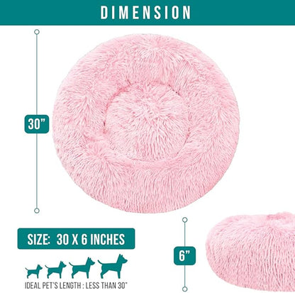PetAmi Calming Dog Bed for Small & Medium Dogs and Cats, 30” Round Donut Dog Bed, Washable Fluffy Faux Fur Puppy & Cat Bed, Anti-Anxiety Plush Cuddler Pet Bed with Anti-Slip Bottom - Pink