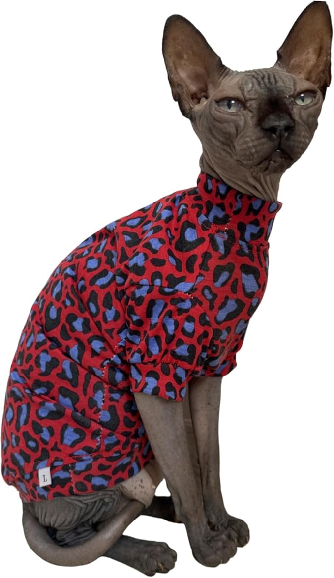Limited Edition Sphynx Cat Cotton T-Shirts Hairless Cat Sweatshirt Pet Kitten Clothes Round Collar Kitten Shirts Vest Cats & Small Dogs Apparel (Blue Red Leopard, S (3.3-4.4 lbs))