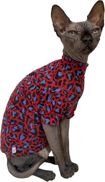 Limited Edition Sphynx Cat Cotton T-Shirts Hairless Cat Sweatshirt Pet Kitten Clothes Round Collar Kitten Shirts Vest Cats & Small Dogs Apparel (Blue Red Leopard, S (3.3-4.4 lbs))