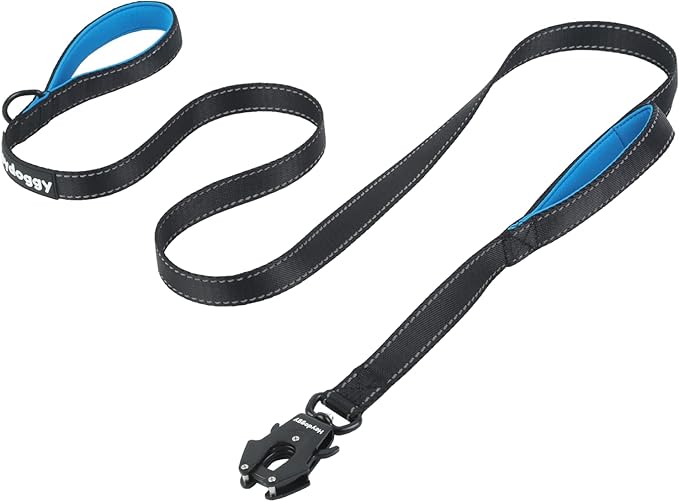 Strong Heavy Duty Dog Leash - 4ft Reflective Nylon Training Leash with Soft Padded Double Handle & Auto Lock Frog Clip - Safety Traffic Control for Large Medium Small Dogs No Pull Walk Black Blue,4ft