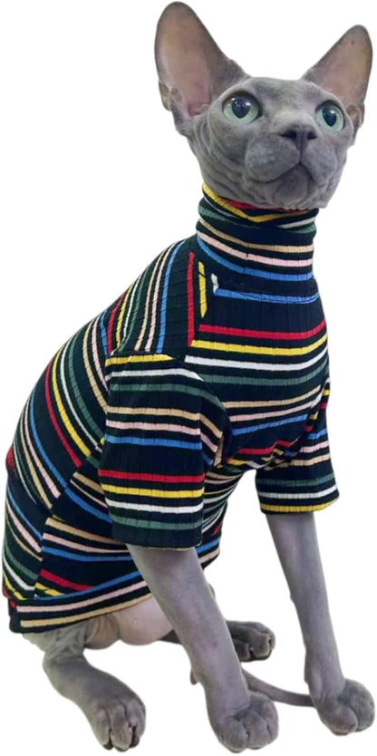 Turtle Neck Vintage Stripes Sphynx Hairless Cat Cotton T-Shirts Pet Clothes Vest Kitten Shirts Sleeveless, Cats & Small Dogs Apparel (Dark Rainbow, L (7-8.8 lbs))