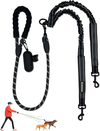 Double Dogs Leash - Removable Main Lead Rope with Splitter, No Tangle 2 Dog Coupler, Reflective No Pull Bungee, 3 Handle, D-Ring, Extra Long for Walk Train Medium Large Two Pet (Black)