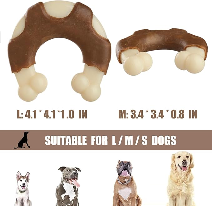 Geeyteek Durable Nylon Dog Bones, 2 Pack Dog Toys for Aggressive Chewers, Beef-Flavored U-Shaped Bone Chew Toys for Largel/Medium/Small Dogs, Teething and Boredom Relief
