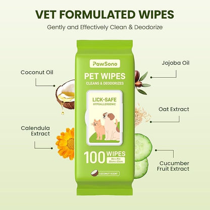 Hypoallergenic Pet Wipes for Dogs & Cats – Quick Clean & Deodorize Paws, Butt, Eyes, Ears, Face & Fur | Daily Grooming After Walks and Between Baths | Extra Large & Thick | Coconut Scented, 400 Count