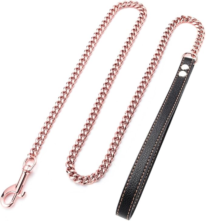 Rose Gold Dog Leash 11mm Cuban Link Chain Dog Leash Durable Stainless Steel Metal with Leather Handle for Small Medium Large Dogs 3FT/4FT/5FT(11mm,4ft)…