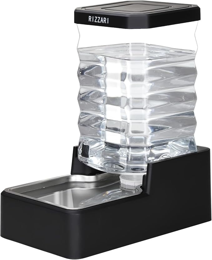 RIZZARI Stainless Steel Pet Waterer: 8L Black Gravity Fed Water Dispenser Leak-Proof for Senior Dogs Joint Care Home Owners - Bedroom Garden Use