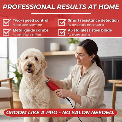 SIMPLYSHEAR Professional Dog Clippers for Grooming | High-Performance 2-Speed Corded Shears for Thick, Curly Coats & Matted Hair | Low-Noise Pet Grooming Kit with Heavy Duty Hair Trimmer, Red