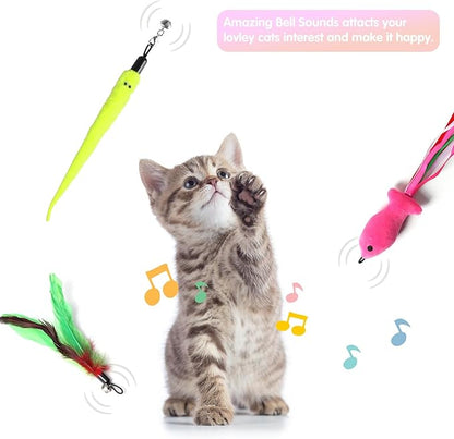 M JJYPET Retractable Cat Toy Wand, 12 Packs Interactive Cat Feather Toys, 9 Assorted Teaser Refills with Bell for Kitten (Pink)