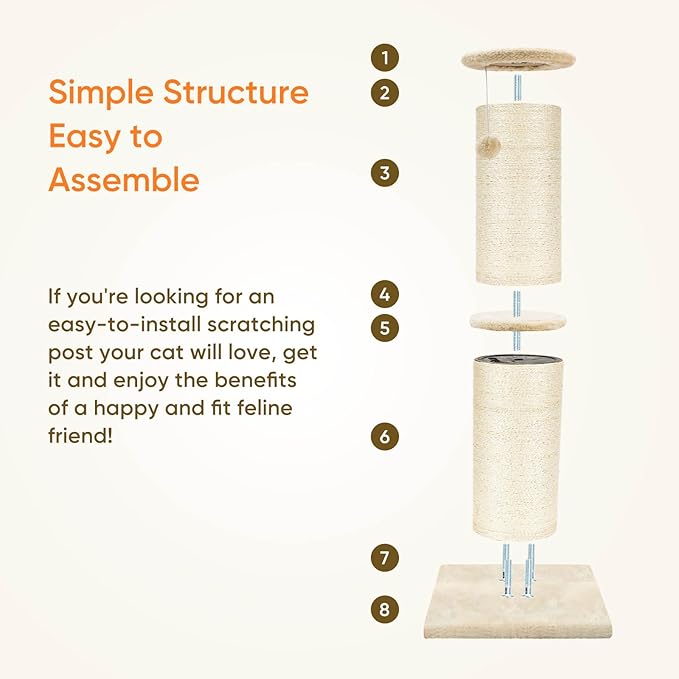PAWSCRAT Cat Scratching Post 32 Inch High, 5.5 Inch Large Diameter Natural Sisal Cat Scratch Post, Scratch-Resistant and Durable Tall Cat Scratcher for Indoor Cats, Protect Your Furniture, Beige