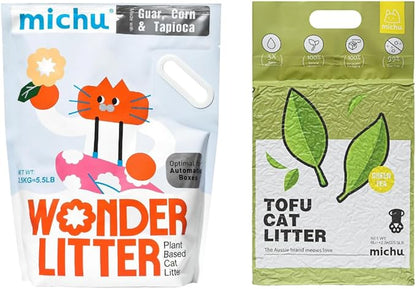 Michu Tofu Cat Litter Natural Clumping Tofu Cat Litter 5.5lb/88oz 5 Scents (Greentea + Wonder Litter, 2 Pack)