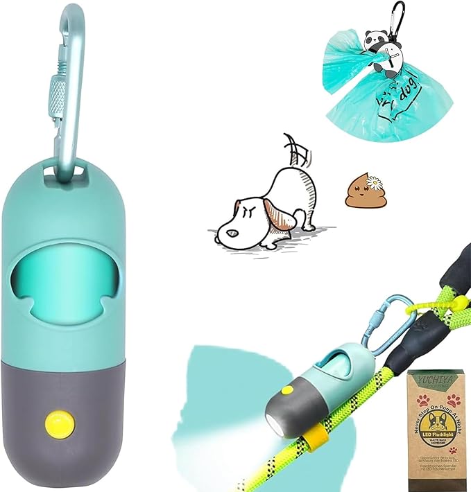 Dog Poop Bag Holder Dispenser with LED Flashlight - Night Visibility for Safe Evening Walks | Upgraded Hands-Free Leash Clip | Includes 15 Dog Waste Bags(Crystal Blue)