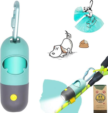Dog Poop Bag Holder Dispenser with LED Flashlight - Night Visibility for Safe Evening Walks | Upgraded Hands-Free Leash Clip | Includes 15 Dog Waste Bags(Crystal Blue)