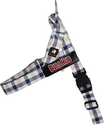 BULLHUG Adjustable Dog Harness– No Pull, No Choke – for English Bulldogs, French Bulldogs, Pugs & Broad-Chested Breeds – Easy, Safe Walks (Blue TAN Plaid, Small)